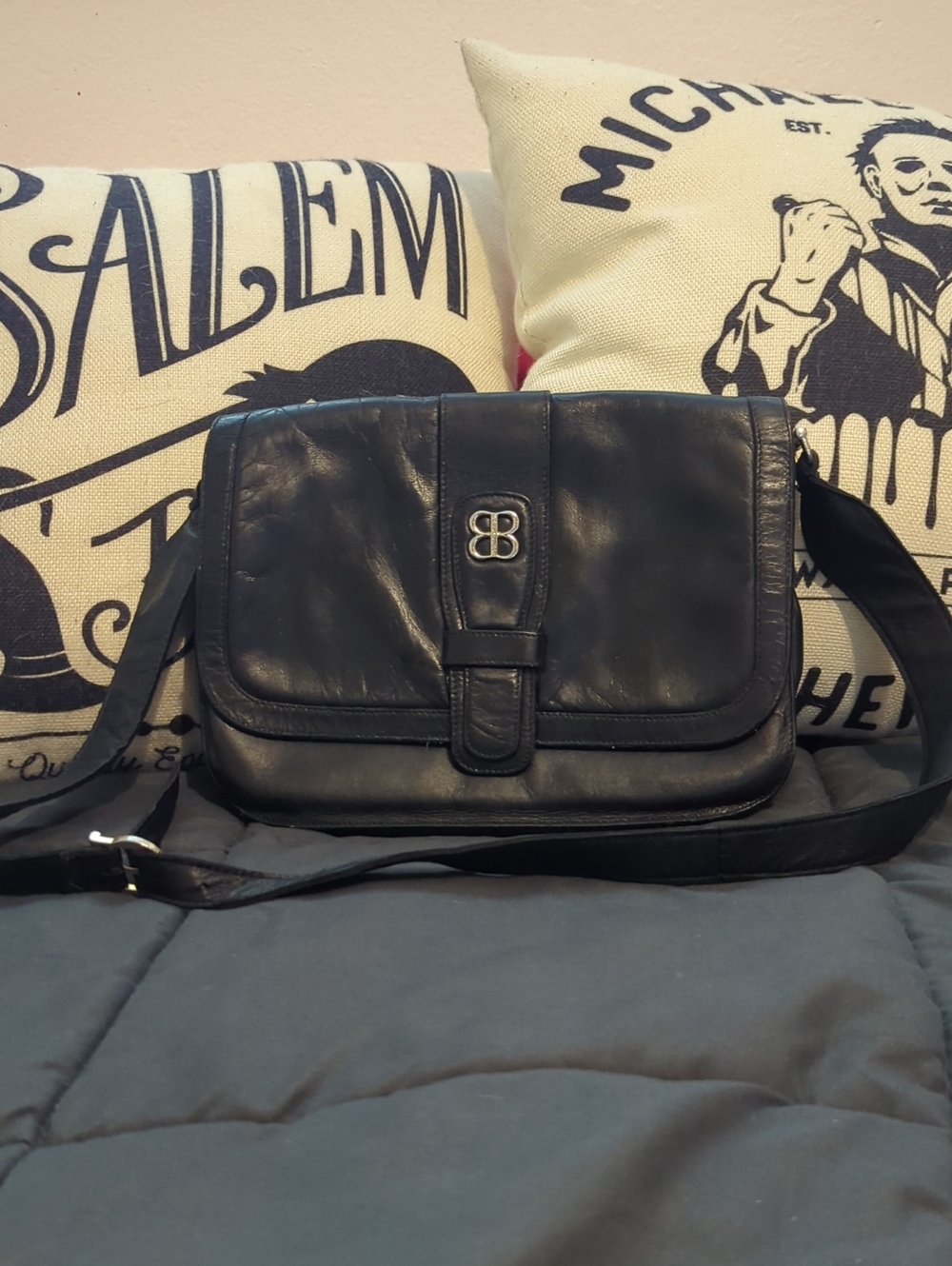 Authentic Balenciaga Black Leather Flap Crossbody Bag